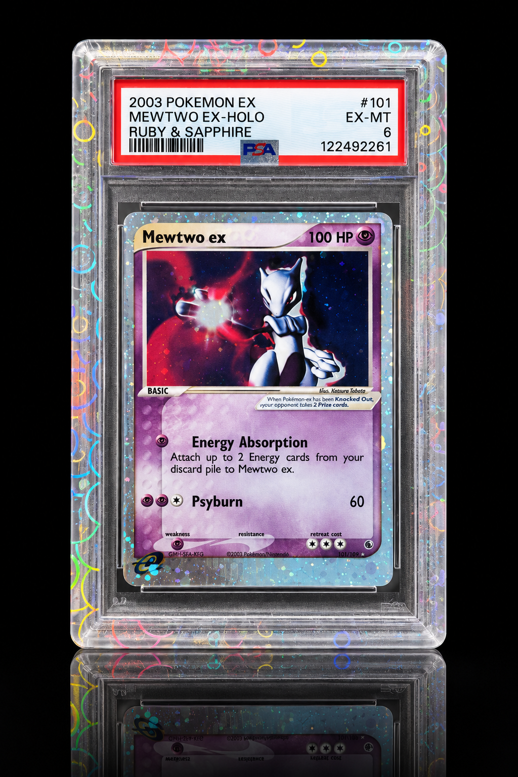 HardGuard Glass clear holographic slab protector with PSA graded Mewtwo ex card on black reflective background